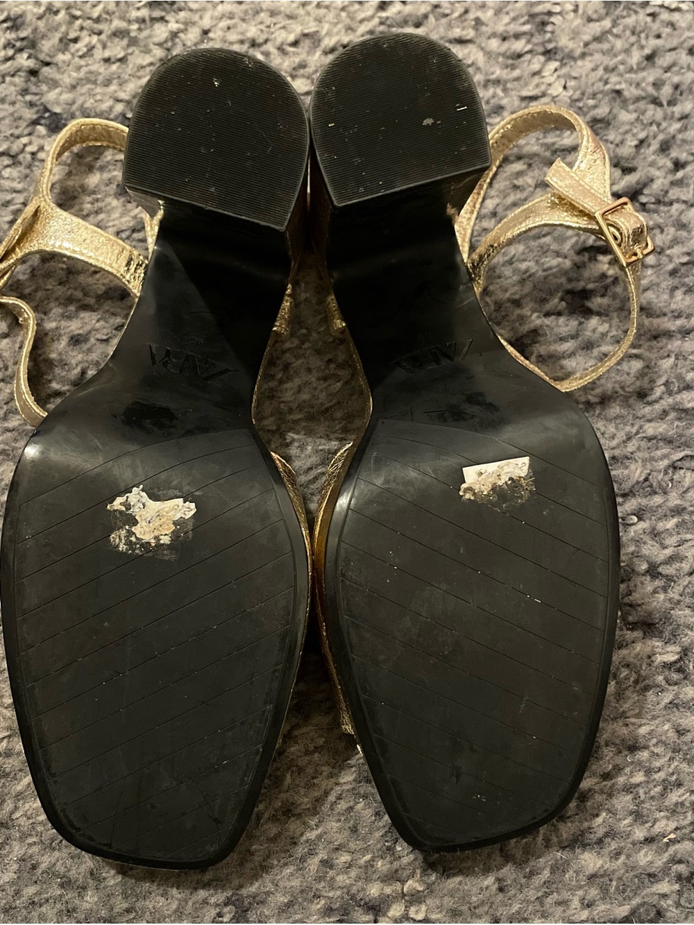 ZARA Metallic Gold Chunky Block Heels Strappy Buckle Adjustable Size UK 42 US 11 - Picture 5 of 6
